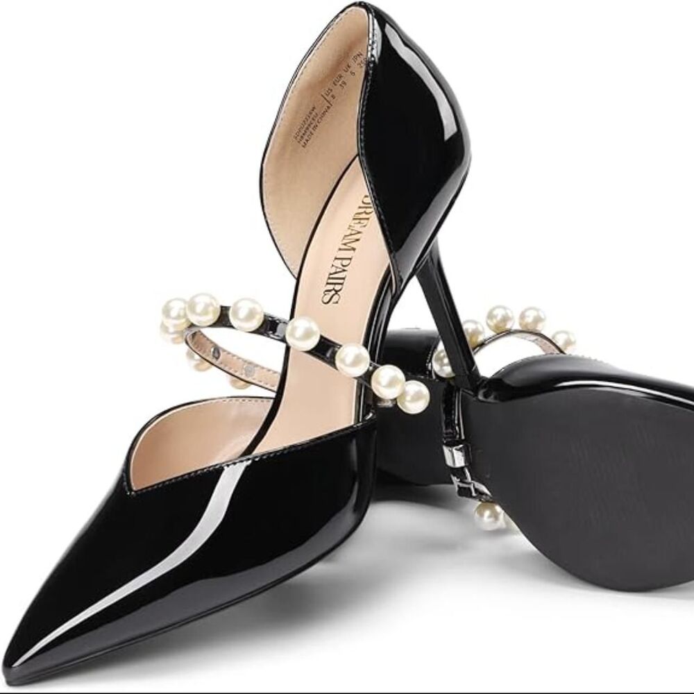 NEW DREAM PAIRS Black Faux Patent Pointed Toe Pearl High Heels Stiletto US 8